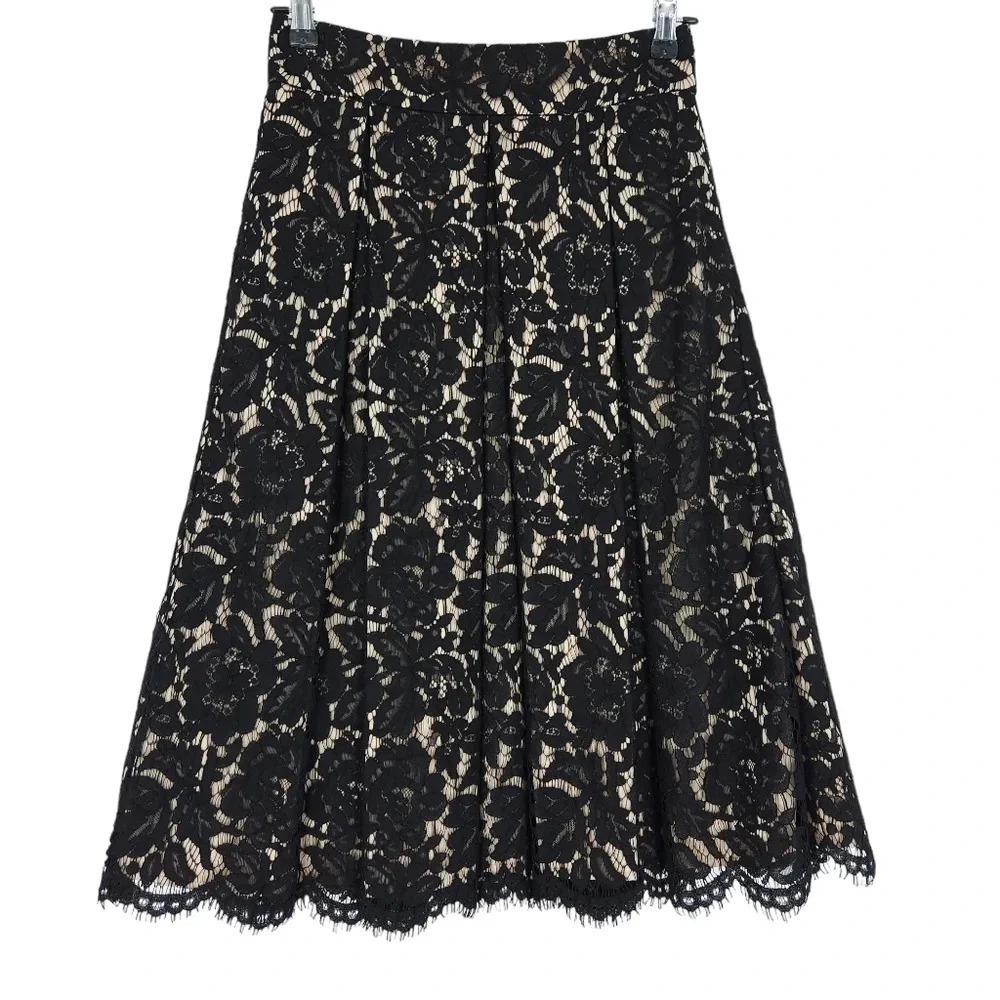 Eliza J Midi Flare Skirt Black Floral Lace Pleated Zip Back Lined